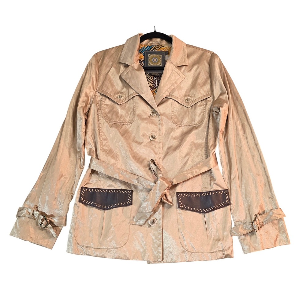 Debbie Shuchat Metallic Trench Style Jacket with Abstract‎ Print Lining Size 14